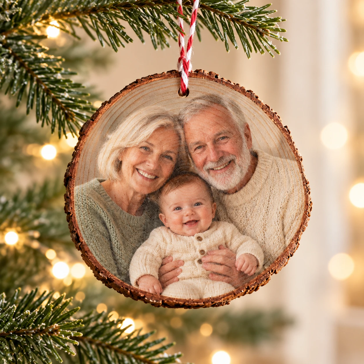 Weihnachtsanhänger aus Kiefer mit gemeinsamem Foto von Oma, Opa und Enkelkind sowie rot-weißer Kordel.