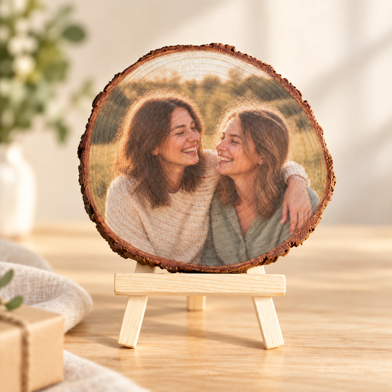Fotobaumscheibe mit zwei Freundinnen, natürlicher Rinde und Mini-Staffelei.