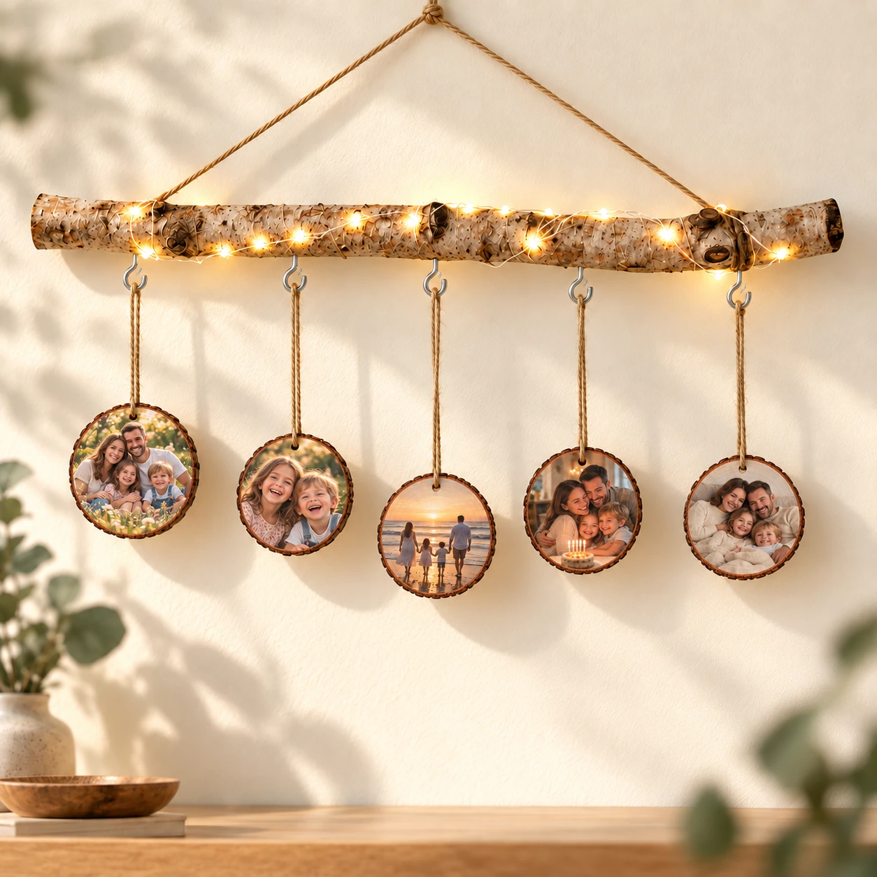 Hängender Birken-Deko-Ast mit fünf unterschiedlichen Familienfotomotiven und warm leuchtender LED-Lichterkette.
